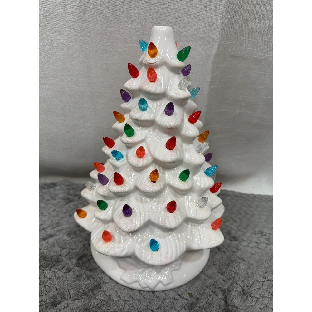 White Ceramic Light Up Musical Christmas Tree LED Glitter Multi Color Bulbs